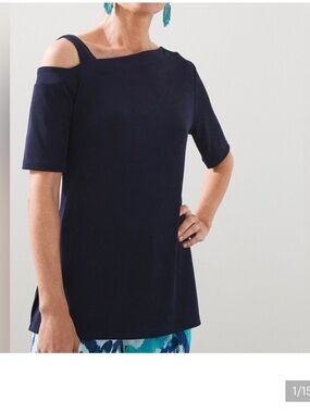 NWT! Chico's Navy Cold-Shoulder Elbow-Sleeve Tunic Size L/2